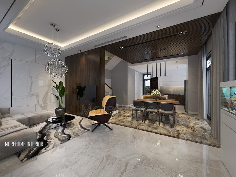 Điểm nhấn ấn tượng giữa gỗ ốp tường cùng đá lát sàn cao cấp tạo nên ánh nhìn hiện đại, cuốn hút cho phòng khách liền bếp ăn. thiết kế nội thất phòng khách