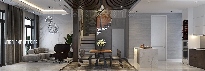 Phối cảnh bố trí hiện đại đẹp cho biệt thự nhà phố với ý tưởng thiết kế phòng khách liền bếp ăn. thiết kế nội thất phòng khách