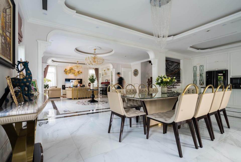 Bộ bàn ăn 10 ghế tân cổ điển bọc da sang trọng thiết kế đặc biệt dành riêng cho biệt thự Thiết kế nội thất phòng ăn tân cổ điển cao cấp và sang trọng