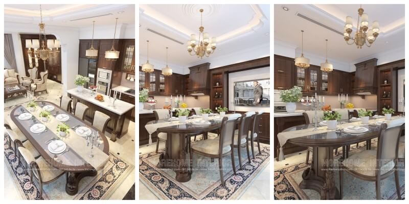 Mẫu bàn ghế ăn gỗ óc chó đẹp, cao cấp cho nhà biệt thự tân cổ điển Thiết kế nội thất phòng ăn tân cổ điển cao cấp và sang trọng
