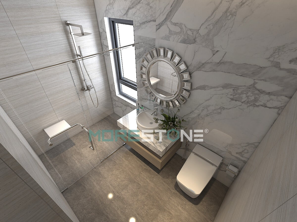 Morestone gợi ý mẫu đá trắng vân mây ốp phòng tắm sang trọng và tinh tế