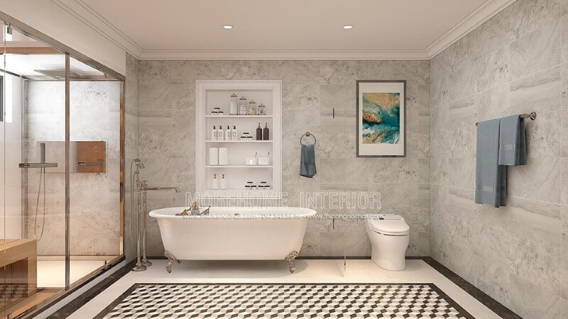 Bồn tắm độc lập Vitoria Hafele cao cấp kết hợp cùng cách trang trí khoa học, thẩm mỹ từ đá ốp tường, gạch lát nền giả cổ, vách tắm kính đã tạo nên không gian phòng tắm đẹp, sang trọng, độc đáo. đá ốp phòng tắm