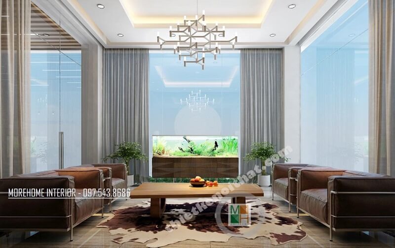 Mẫu thiết kế nội thất phòng khách biệt thưh đẳng cấp với sự xuất hiện của bộ sofa bọc da cao cấp tạo điểm nhấn nổi nật cho căn phòng Thiết kế nội thất phòng khách