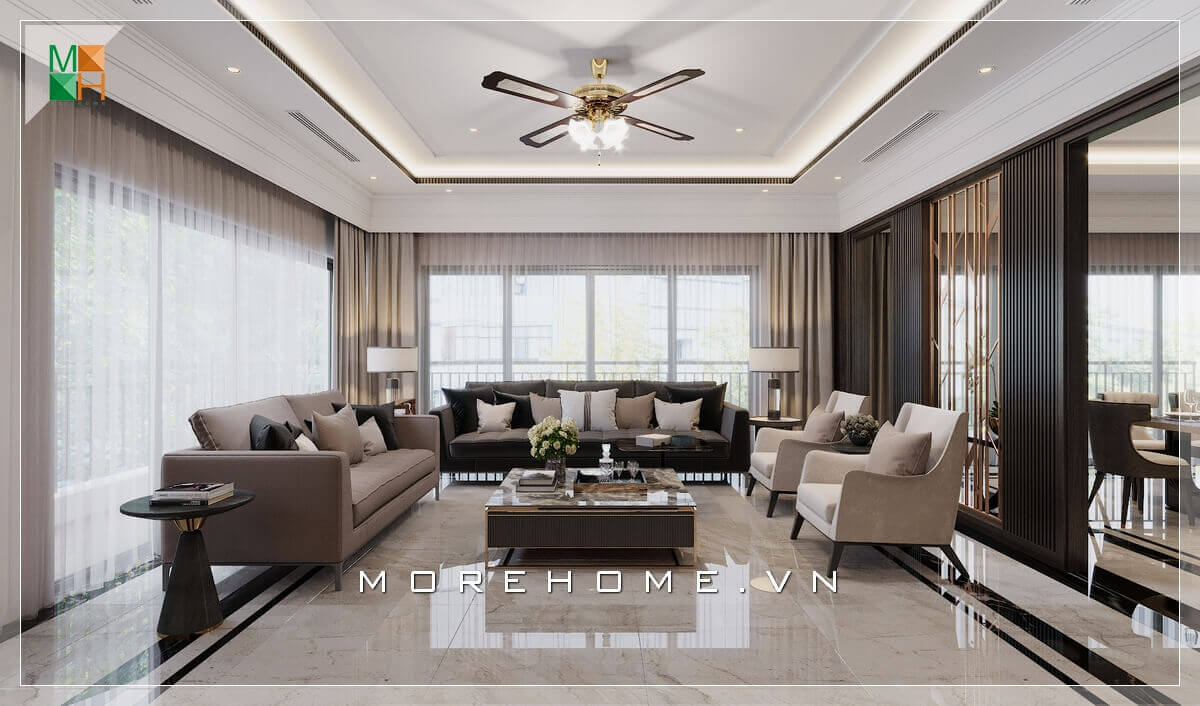 Mỗi một món đồ nội thất, từ bộ sofa gỗ tự nhiên bọc nỉ cao cấp, bàn trà mặt đá kiểu dáng hiện đại đến bàn tap trang trí với thiết kế lạ mắt, kết hợp với ánh sáng tự nhiên từ 2 hệ thống cửa kính ban công, tất cả tạo nên một vẻ đẹp hiện đại sang trọng, cao cấp cho không gian phòng khách này bàn trà mặt đá