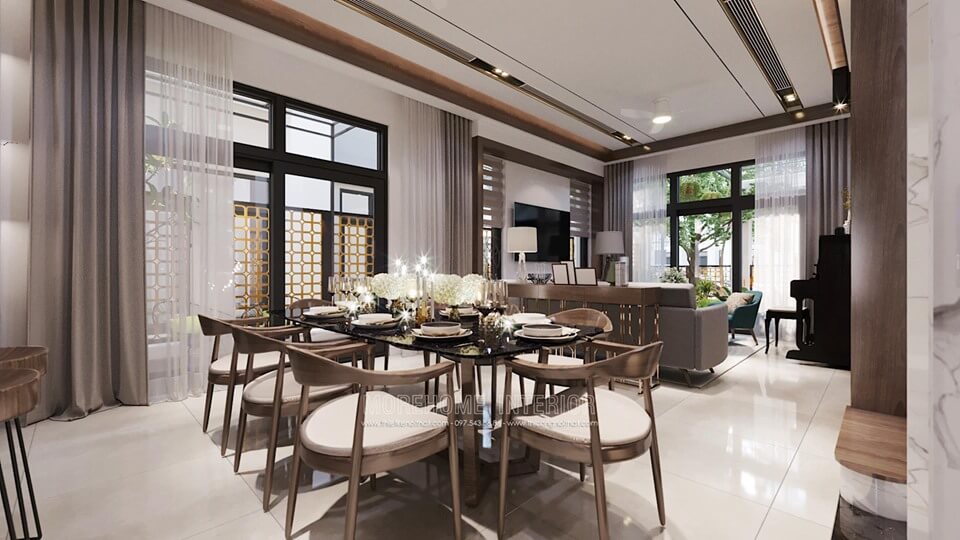 Bộ bàn ghế ăn biệt thự này được thiết kế và sản xuất vô cùng tinh tế, trau chuốt và sang trọng. Mặt bàn ăn được làm bằng đá nhân tạo màu đen, chân bàn là gỗ óc chó nhập khẩu cao cấp. 8 chiếc ghế ăn gỗ óc chó bọc đệm da màu kem kết nối tạo thành chiếc áo choàng bao quang chiếc bàn ăn hiện đại. Bàn ăn biệt thự sang trọng, cao cấp và tiện nghi