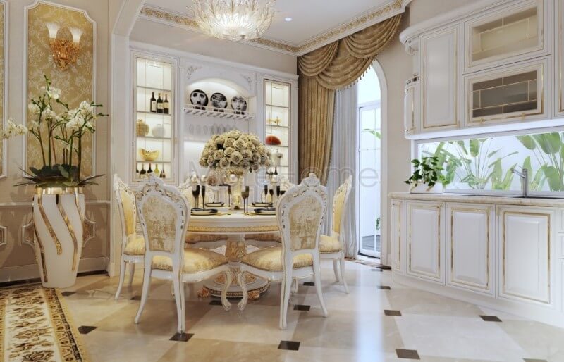 Thiết kế bàn ăn chung cư tân cổ điển, từng chi tiết chạm khắc mềm mại, nhẹ nhàng tạo nên sự sang trọng và tinh tế hơn cho không gian sống của gia chủ Bàn ăn biệt thự sang trọng, cao cấp và tiện nghi