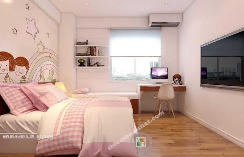 Mẫu thiết kế nội thất phòng ngủ đẹp cho bé gái với đồ nội thất đơn giản, tiện nghi