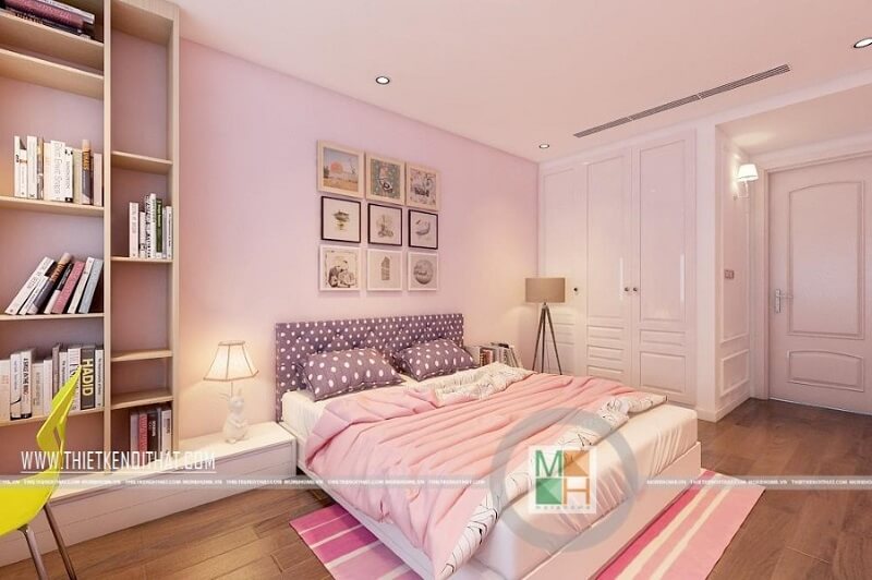 Thiết kế nội thất phòng ngủ bé gái đáng yêu với tường màu hồng nữ tính kết hợp nội thất đơn giản tiện nghi mang đến một căn phòng mơ cho bé