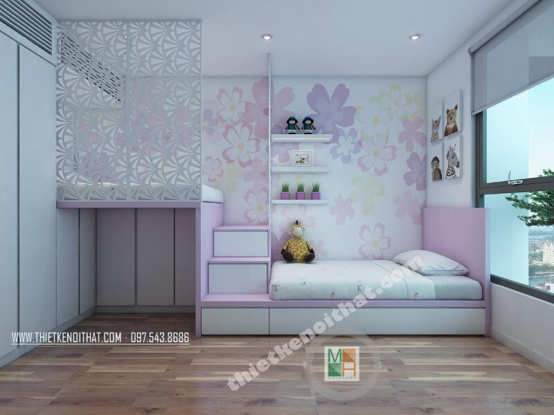 Thiết kế phòng ngủ con được kiến trúc sư lựa chọn 2 gam màu trắng và hồng làm vai trò chủ đạo, đây chắc hẳn là sự lựa chọn tuyệt vời cho các cô nàng công chúa bé nhỏ của bạn đó