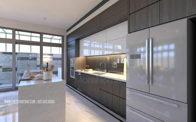 Bàn đảo đá nhân tạo trắng cao cấp lựa chọn ấn tượng cho không gian bếp hiện đại, sang trọng. Đá ốp màu trắng