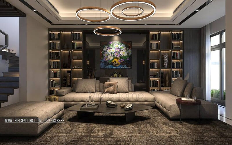 Sofa hiện đại màu xám cao cấp sang trọng tạo điểm nhấn ấn tượng cho phòng khách rộng, lớn. Trang trí phòng khách