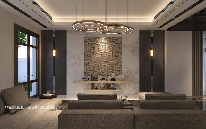 Sắp xếp phòng khách hiện đại ấn tượng với đá ốp tường cao cấp cùng họa tiết 3D độc đáo. Trang trí phòng khách