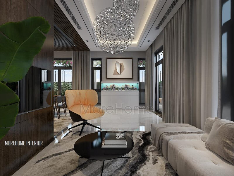 Thảm lông mềm nghệ thuật tạo sự phân chia độc đáo cho phòng khách hiện đại sang trọng. Trang trí phòng khách