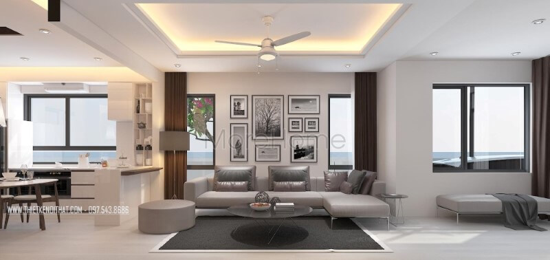 Phòng khách hiện đại, độc đáo với ý tưởng bố trí tranh treo tường làm điểm nhấn kết hợp cùng sofa góc hiện đại tạo nên nét độc đáo, sang trọng. Trang trí phòng khách
