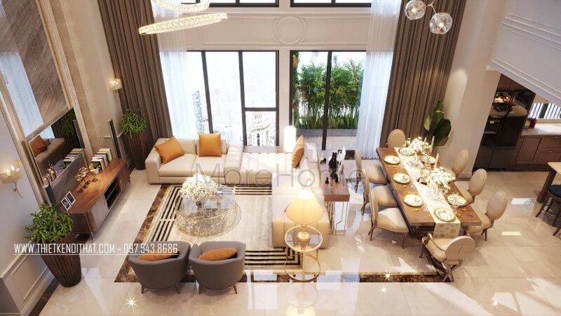 Thiết kế khu vực ăn uống đơn giản nhưng vẫn sang trọng nhờ bộ bàn ghế gỗ óc chó tự nhiên cao cấp Thiết kế phòng ăn tại Hà Nội