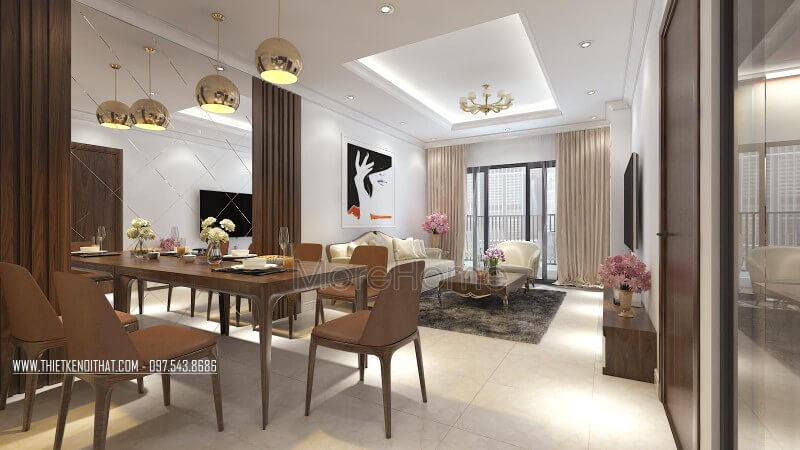 Gương trang trí treo tại bàn ăn làm không gian thêm đẹp và sang trọng Thiết kế phòng ăn tại Hà Nội
