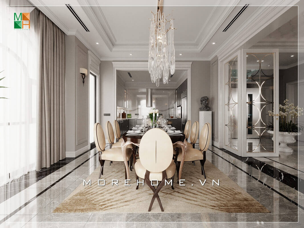 Mẫu bàn ăn gỗ 8 ghế ăn bọc da chân gỗ óc chó cao cấp biến phòng ăn trở nên thêm sang trọng và đẳng cấp. Thiết kế phòng ăn tại Hà Nội