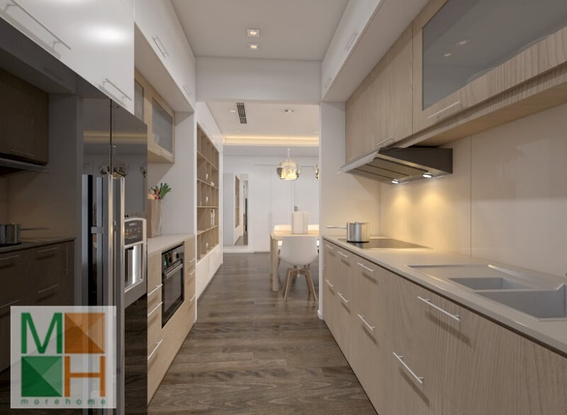 Mẫu thiết kế hệ tủ bếp gỗ đẹp sử dụng gỗ công nghiệp An Cường cao cấp màu sáng mang đến vẻ đẹp cho phòng bếp Thiết kế tủ bếp chung cư nhỏ đẹp