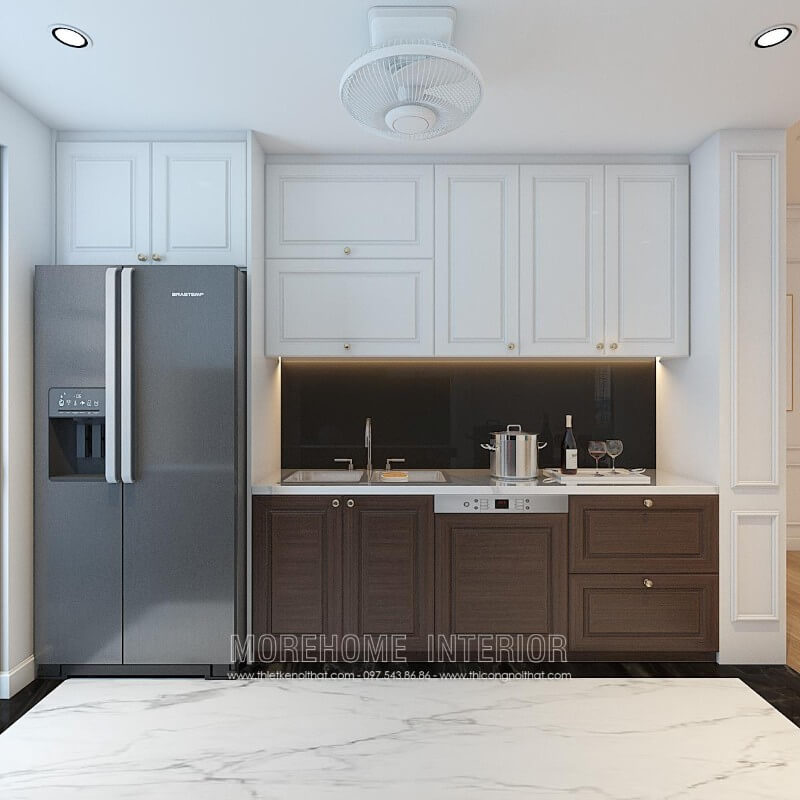 Mẫu tủ bếp đẹp được thiết kế cho nhà chung cư nhỏ với kiểu dáng chữ I nhỏ gọn, tinh tế, hiện đại Thiết kế tủ bếp chung cư nhỏ đẹp