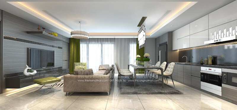 Thiết kế tủ bếp chung cư nhỏ liền kề với không gian sinh hoạt chung khác tạo sự thuận tiện cho gia chủ Thiết kế tủ bếp chung cư nhỏ đẹp