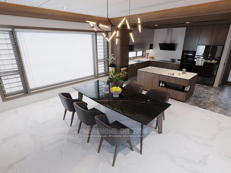 Mẫu bàn ăn gỗ tự nhiên, mặt bàn đá cao cấp màu đen kết hợp ghế gỗ bọc sofa đơn giản hiện đại cho không gian sum họp, ấm cúng phòng ấm Mẫu bàn ăn gỗ tự nhiên đẹp, sang trọng