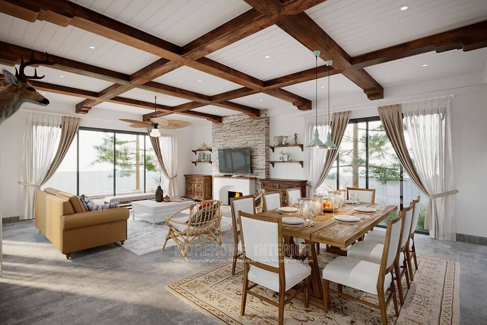 Trang trí phòng ăn đẹp với bộ bàn ghế ăn gỗ phong cách địa trung hải Thiết kế phòng ăn tại Hà Nội