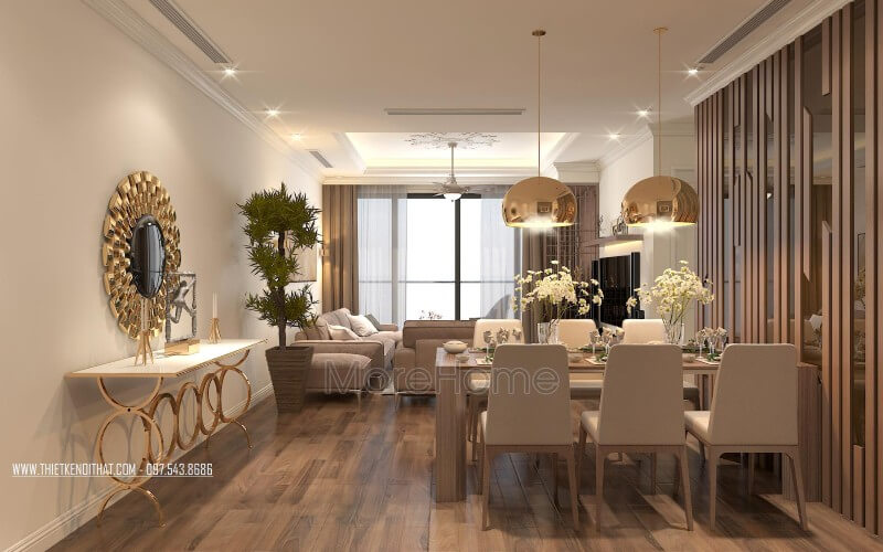 Đối diện bộ bàn ăn thay việc để trống không gian thì KTS trang trí với gương trang trí mạ vàng với thiết kế tinh xảo Thiết kế phòng ăn tại Hà Nội