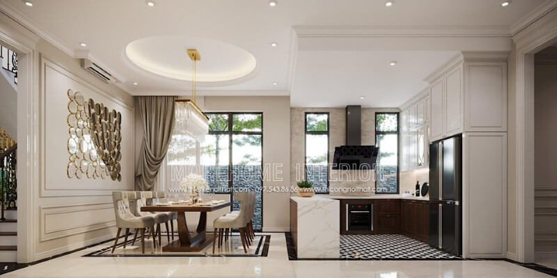 Trang trí nội thất mở sang trọng từ phòng ăn liền bếp không vách ngăn. Thiết kế phòng ăn tại Hà Nội
