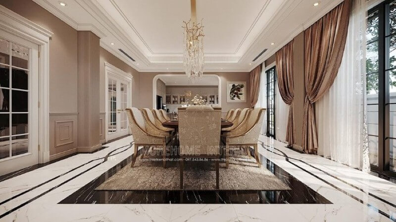 Thiết kế nội thất phòng ăn đẹp ấn tượng với đồ nội thất cao cấp và cách phối màu khéo léo tạo nên vẻ đẹp tinh tế cho toàn bộ không gian. Thiết kế phòng ăn tại Hà Nội