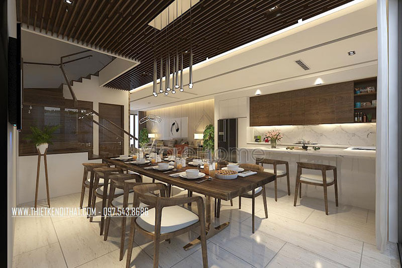 Không gian ăn uống rộng được thiết kế cạnh bếp mang đến sự tiện nghi, gần gủi Thiết kế phòng ăn tại Hà Nội