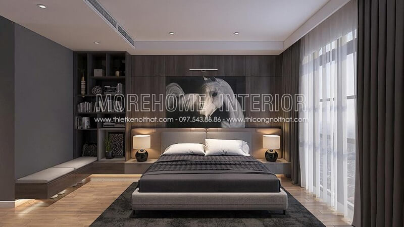 Trang trí nội thất giường ngủ biệt thự hiện đại, đơn giản, phần chân giường được thiết kế thanh mảnh với chất liệu kim loại phun sơn cách điện tạo sự vũng chãi hơn