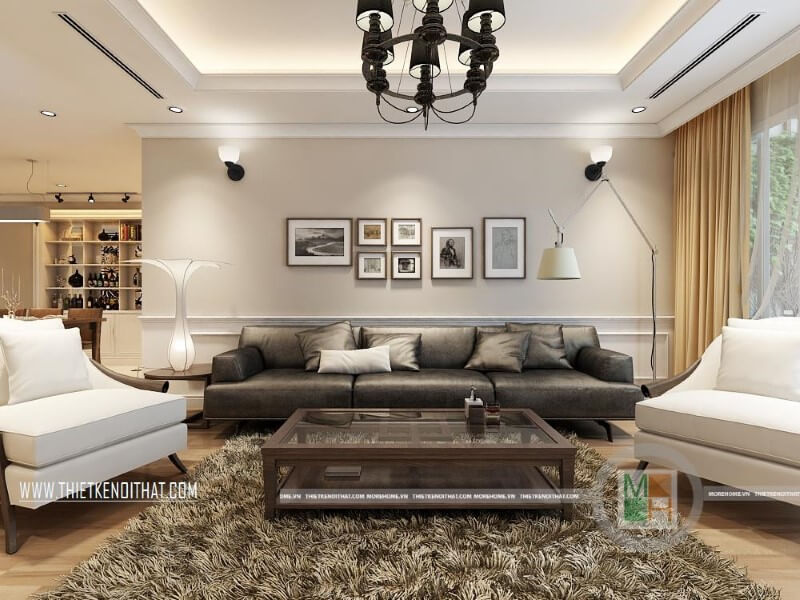 Mẫu thiết kế phòng khách cao cấp với trang trí nội thất độc đáo sử dụng thảm lông màu sẫm kết hợp bộ sofa da cao cấp thu hút mọi ánh nhìn Thiết kế nội thất phòng khách