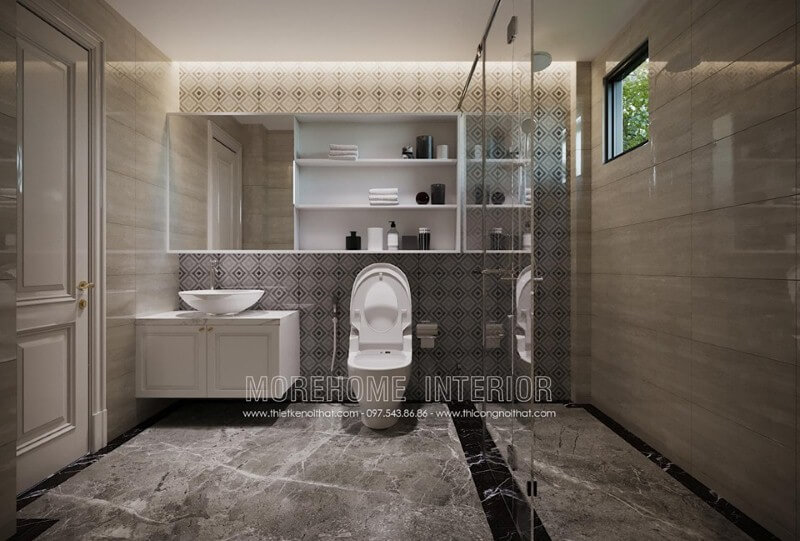 Gương soi hình chữ nhật đơn giản nhưng lại tạo nét đẹp ấn tượng trong trang trí phòng tắm. Gương trang trí