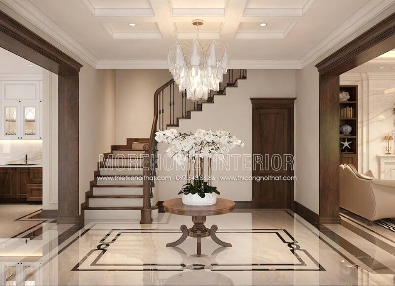 Gợi ý mẫu cầu thang đẹp gỗ óc chó cao cấp cho nhà biệt thự Vinhomes The Harmony Cầu thang gỗ tự nhiên