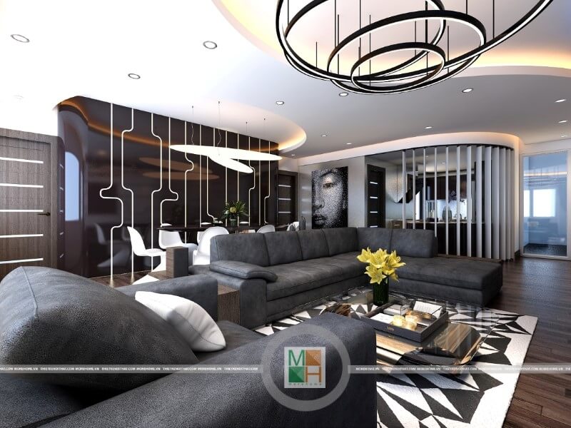 Mẫu thiết kế phòng khách chung cư sang trọng, các kiến trúc sư Morehome sử dụng các hình khối đơn giản và cụ thể mang đến sự rõ ràng và thuận tiện cho gia chủ thiết kế nội thất phòng khách