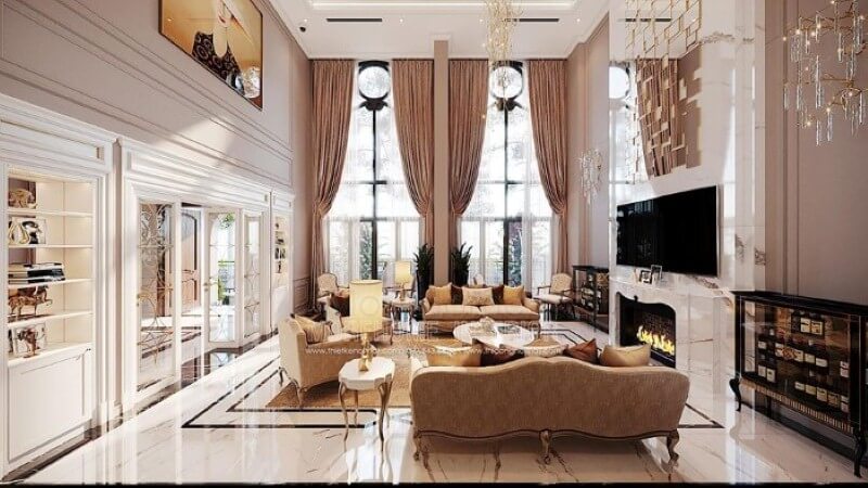 Bố trí nội thất phòng khách tân cổ điển đẹp, sang trọng tại Vinhomes Imperia Hải Phòng. thiết kế nội thất phòng khách