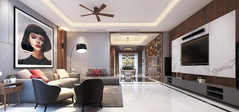 Bố trí nội thất phòng khách ấn tượng với thiết kế mở, hiện đại tạo nên không gian thông thoáng, đẹp mắt. thiết kế nội thất phòng khách