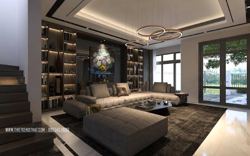 Trang trí nội thất phòng khách ấn tượng với phong cách hiện đại sang trọng cùng sắc trầm chủ đạo. thiết kế nội thất phòng khách