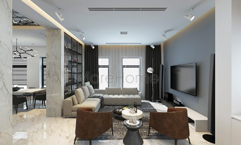 Nội thất phòng khách biệt thự hiện đại lấy tone màu ghi tối và trắng làm chủ đạo, phần cửa sổ hướng ra ban công được thiết kế rộng tạo cảm giác cơi nới cho căn phòng thêm rộng hơn thiết kế nội thất phòng khách