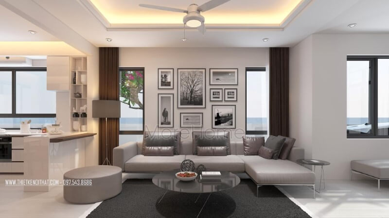 Thiết kế nội thất phòng khách hiện đại với tone trầm chủ đạo tạo nên không gian nhẹ nhàng, sâu lắng tại biệt thự Vinhomes Thăng Long Hà Nội. thiết kế nội thất phòng khách