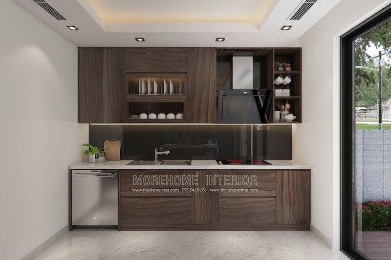 Mẫu tủ bếp gỗ công nghiệp veneer tối màu đẹp, sang trọng cho không gian bếp hiện đại.