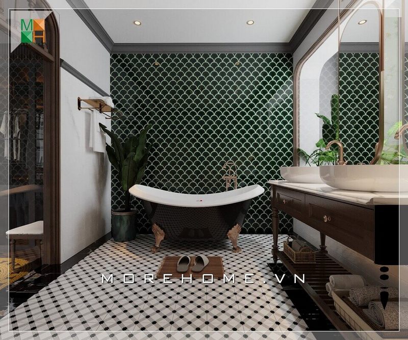 Một mẫu thiết kế nội thất phòng tắm với gạch vảy cá màu xanh làm nên ấn tượng, cung cấp sự tiện nghi và bố trí độc đáo phù hợp với các loại không gian như nhà phố, biệt thự, nhà phố.