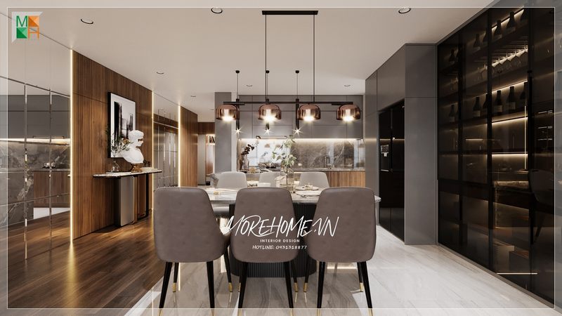 Tủ rượu là yếu tố đặc biệt giúp không gian phòng bếp trở nên đẹp và ấn tượng.