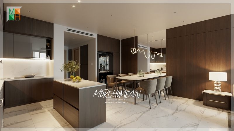 Phòng ăn liền bếp được trang trí theo phong cách hiện đại, tạo ra một không gian thoải mái và tiện nghi.