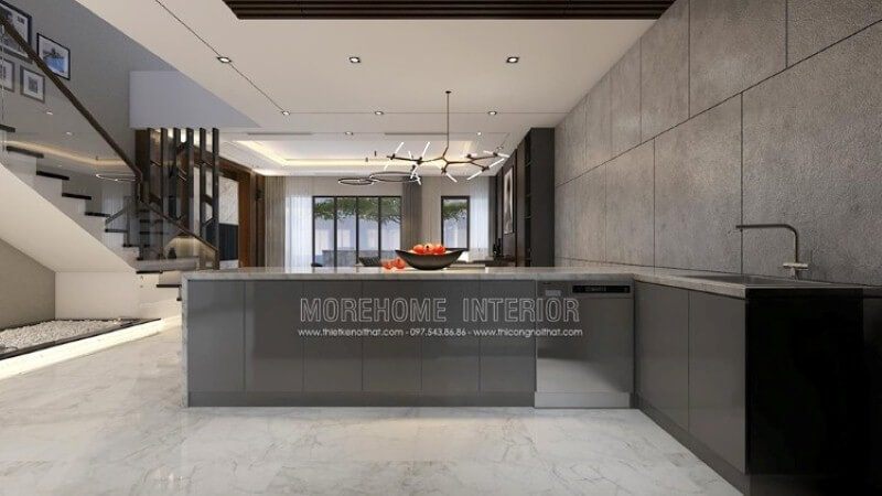 Mẫu bàn đảo bếp An Cường độc đáo với bố trí nội thất hiện đại và sang trọng, được làm từ bộ tủ gỗ công nghiệp acrylic và phủ bề mặt bằng đá ốp nâu vân chỉ.