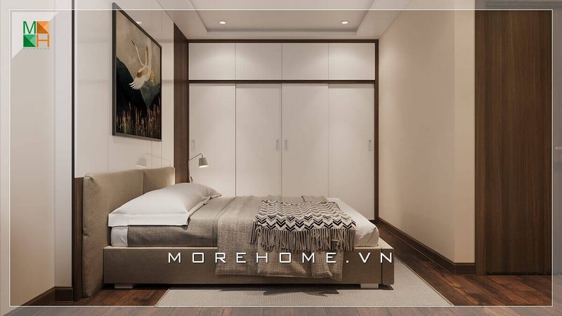 Mẫu thiết kế phòng ngủ hiện đại dành cho các căn hộ, nhà phố sử dụng gỗ công nghiệp theo phong cách đơn giản.