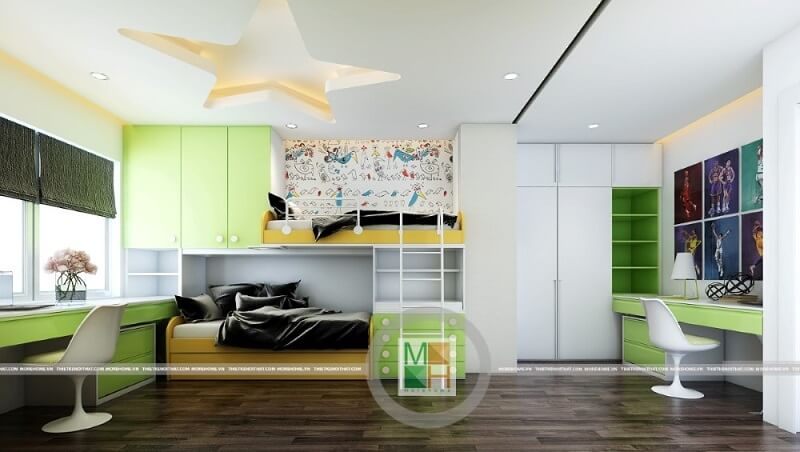 Mẫu thiết kế phòng ngủ trẻ em đẹp được tạo nên bởi một giường tầng màu xanh độc đáo, gây ấn tượng và làm nổi bật cho căn phòng.